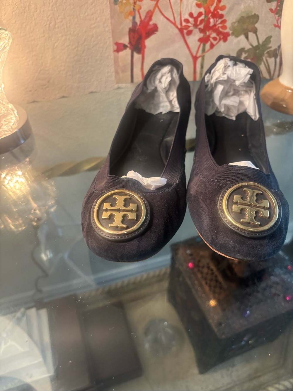 Tory Burch Navy Suede Ballet Flats with Gold Logo Medallion